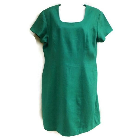 SOLD Shift Dress Minimalist Square Neck Green Midi Lined Back Zipper - Picture 2 of 7